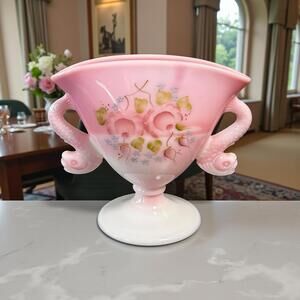 Fenton Rosalene Glass Fan Vase with Dolphin Handles Signed 6" Vintage Decor